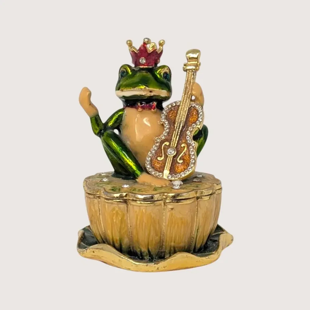 1980s Enameled Crown Frog Violinist Figurine Trinket Box